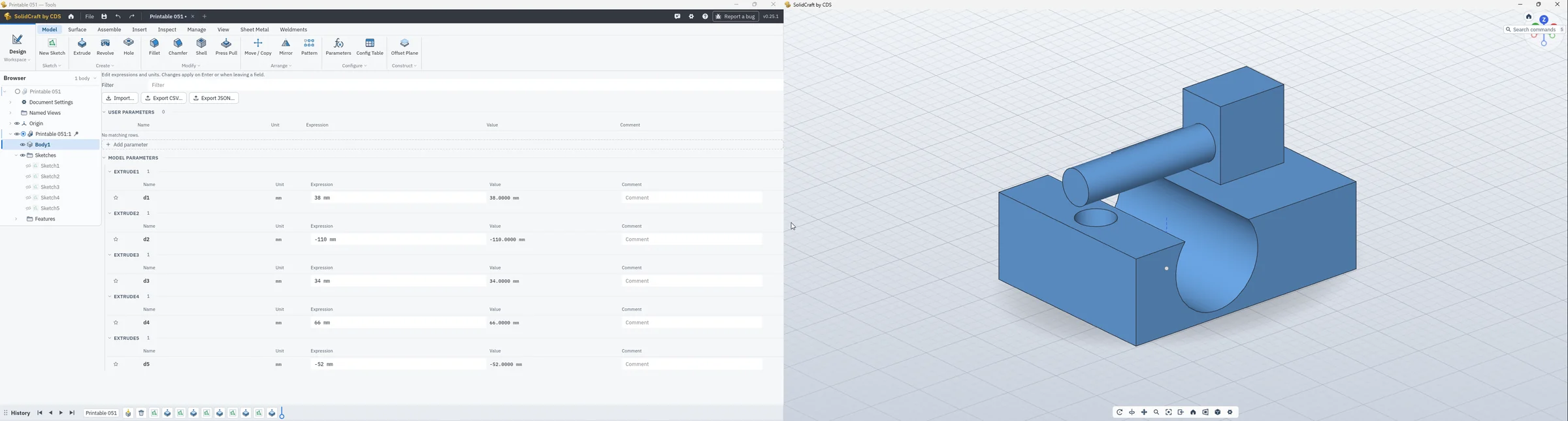 SolidCraft by CDS on two screens: the model on one, the tools on the other