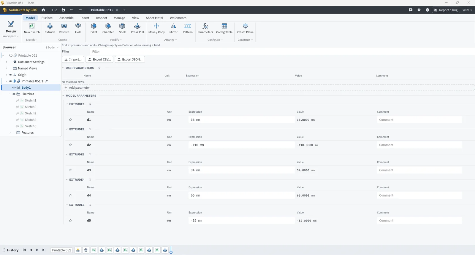 SolidCraft by CDS: tools window with menu, ribbon, timeline and parameters