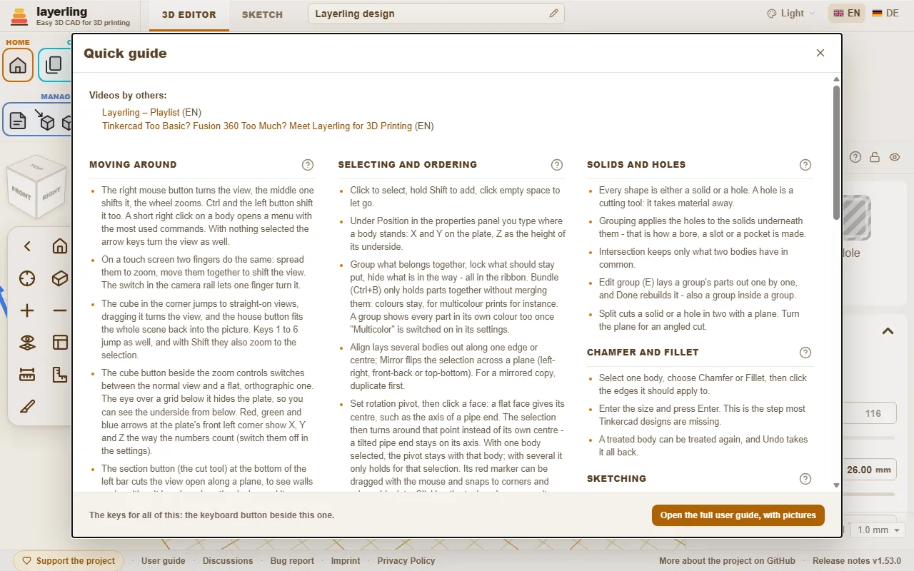 The quick guide in the editor. Videos by others are listed at the top, and every section has a question mark.